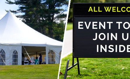 Temporary sign on a roadside and a wedding tent